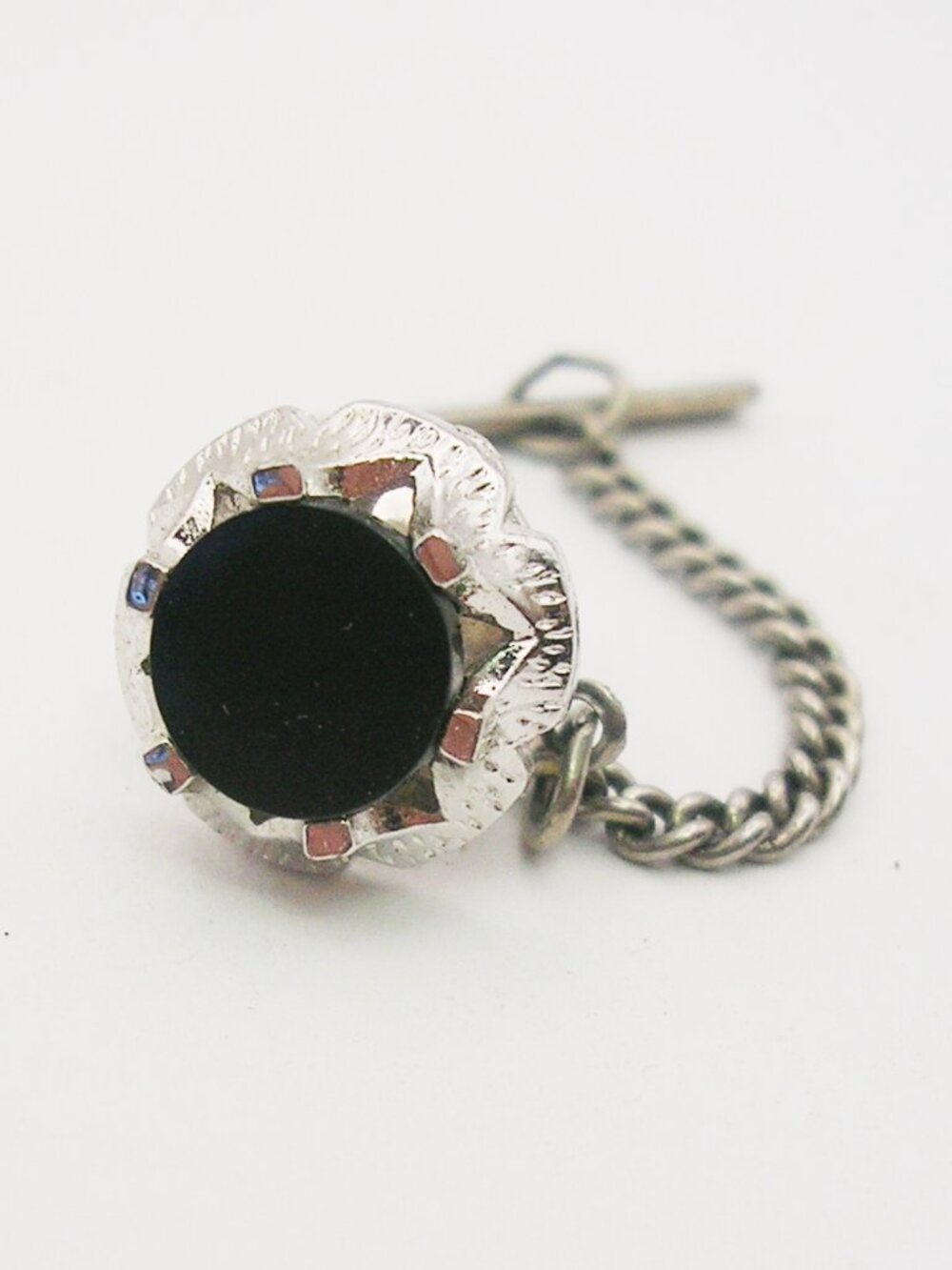 Vintage Tie Tack Pin with Chain Black Onyx Gemstone classic Men Formal Wear